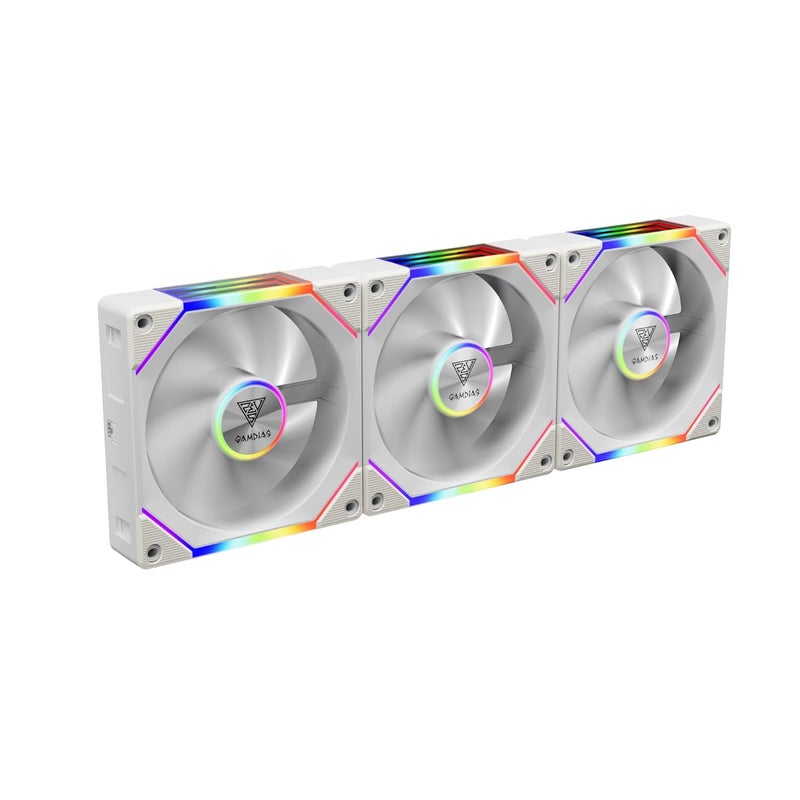 GAMDIAS AEOLUS P2-1203 120mm ARGB PWM Fan (3 Pack, no Hub), Include Reverse Fan Blade x3 & Controller, ARGB Sync, Easy Installation & Cabless Daisy-Chain Design, Silent Operation, Up to 2400RPM, White - Image 1